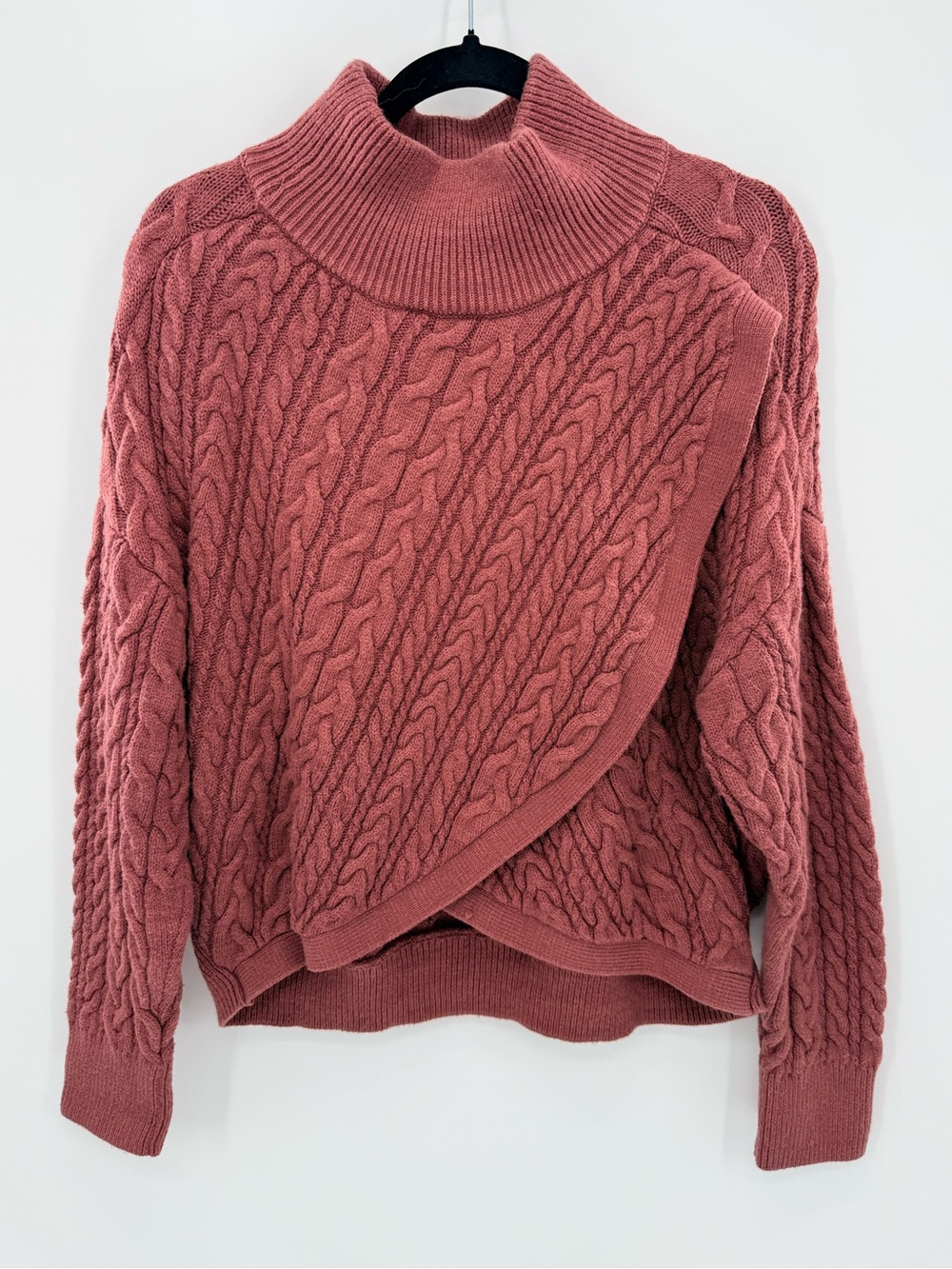Express L Rust Cable Knit Wrap Front Turtleneck Sweater Terracotta Cotton Blend - Picture 2 of 8
